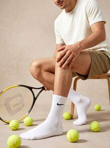Courvante 6 Pairs Men's White Solid Color Mid-Calf Socks, Versatile And Breathable, With Ribbed, For Golf Tennis Sport & Boyfriend - White - View 4