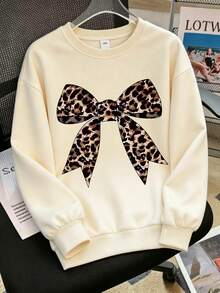 3pcs Set: Girls' Designer Leopard Print Creative Bow Apricot Sweatshirt, Leopard Print Cherry Black Sweatshirt, Leopard Print Bow 67 Grey Crew Neck Sweatshirt - Summer Fashion Comfortable Outfit - Multicolor - View 5
