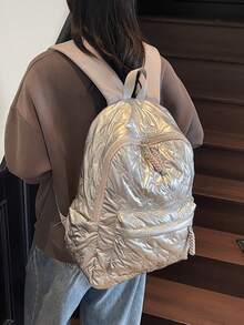亮銀色絎縫蝴蝶結印花後背包，編織流蘇拉鍊細節，大容量主隔層，舒適肩帶，時尚書包，適合日常通勤與旅行 - 銀色 - 查看 4
