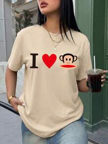 女款夏季T恤，可愛卡通猴子與「I Love Monkey」愛心印花寬鬆休閒T恤，適合日常穿著與情人節 - 杏色 - 查看 7