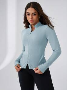 Leorrey 1pc Women's Ribbed Double Zipper Stand Collar Fitness Workout Yoga Running Cycling Long Sleeve Sports Jacket - Baby Blue - View 7