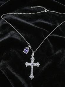 1 pieza Collar con colgante cuadrado de cruz de plata con strass, adecuado para el uso diario, citas y fiestas de mujeres - Plateado - Ver 13
