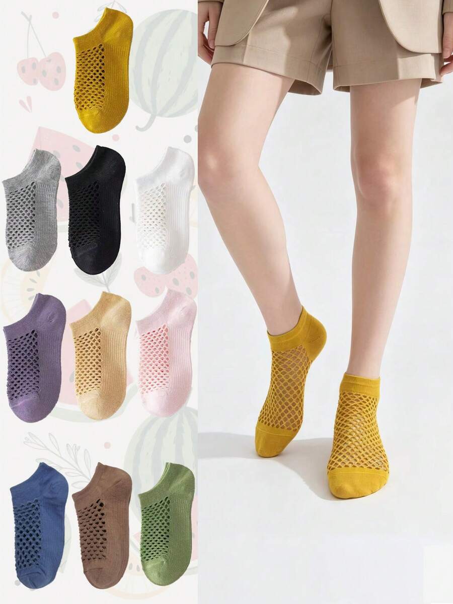 5/9/10 pares de calcetines cortos de malla de colores macaron aleatorios para mujer. Calcetines de malla hueca de corte bajo tipo barco. Combinación de calcetines deportivos cortos básicos de corte bajo - Multicolor - Ver 1