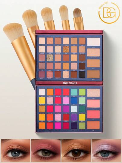 beauty glazed Multicolor Pigmented Eyeshadow Palette With 5 Makeup Brushes Matte Shimmer Glitter Multi Use Blush Contour Highlighter Long Wear Daily Dating Party Beauty Gift Kit For Women Girls