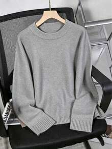 Autumn/Winter Casual Solid Color Ribbed Loose Knit Sweater Fall - Grey - View 3
