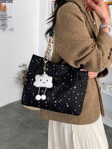 1pc Cloud Decor Star Pattern Polyester Large Capacity Zipper Shoulder Bag, Fashionable For Women Daily Use - Black - View 4
