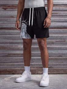 MAISONFOX Men's Street Graphic Print Casual Sports Shorts,With Statue Of Liberty Print, Baggy Pants Men,Drawstring And Pockets, Suitable For Spring And Summer - Black - View 4