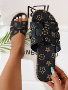 NANBEI ZUO Fashion Classic Random Floral Pattern Printed Women's Thick Sole Slide Sandals, Summer New Style Personalized Faux Wood Grain Sole Beach Vacation Style Sandals, Indoor/Outdoor Casual Versatile Wedge Slide Sandals - Black - View 2