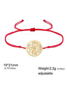 LIKGREAT 1pc Men's Fashion Vintage Pentagram Hollow Round Charm Adjustable Red & Black Braided Bracelet, Minimalist Couple Niche Versatile Hand Accessory - Bracelet Series - View 12