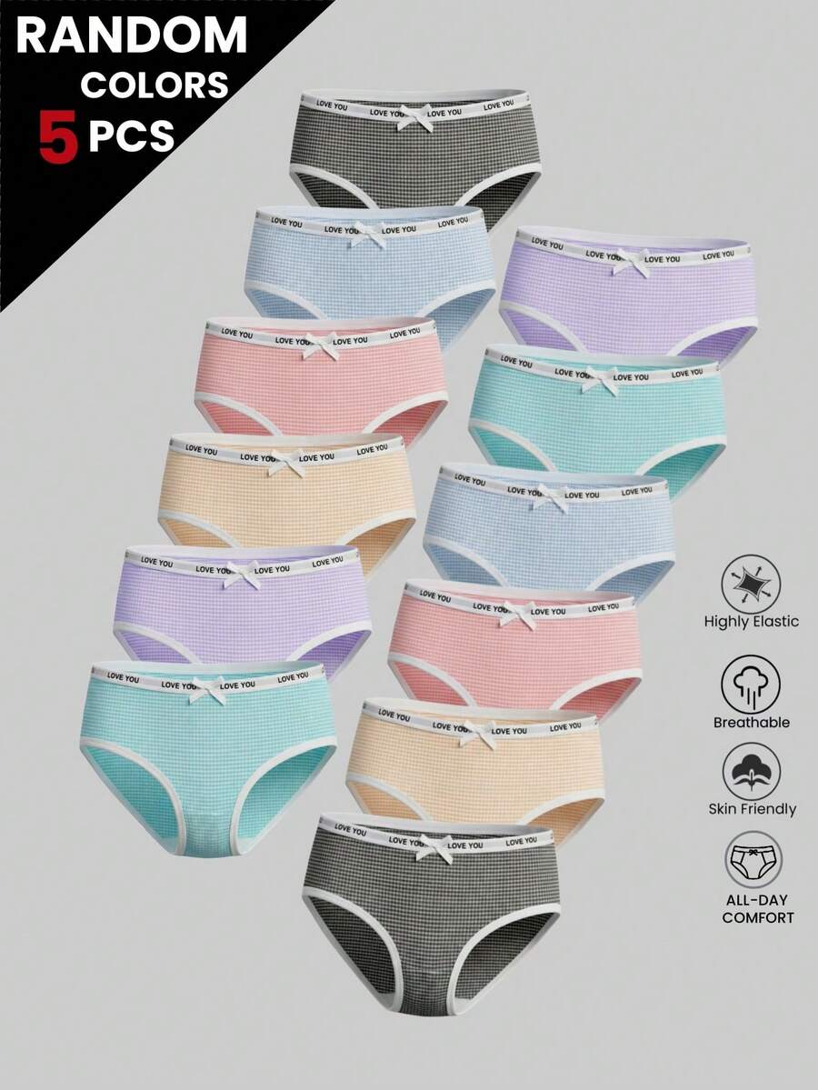 5pcs Random Color Cute Girl Fashion Bowknot Decor Letter Mid-Waist Triangle Panties, Soft Comfortable Student Daily Basic Underwear, Suitable For All Seasons - Multicolor - View 1