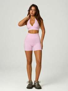UONNOU Women's Sports Halter Backless Bra + High Waist Butt Lifting Shaping Shorts 2pcs Set, Seamless Yoga Outfit - Pink - View 10