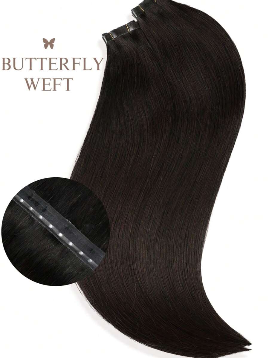 Drak Brown Injected Hole Butterfly Weft Human Hair Extensions Twin Tab Weft Invisible #2 Brown Hole Weft Micro-Loop Real Human Hair Extensions Silk Straight Seamless PU Tape-In Hair Extensions - S2A - View 1