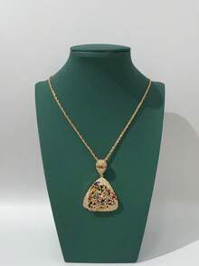 Saudi Arabia Copper Color Zirconia Gold Necklace & Earrings 2pcs Set Jewelry Accessories For Women Wedding Bridal Dress Middle East Dubai New Arrival Bride Earrings Necklace Square Chain Valentine's Day Gift - Gold - View 4