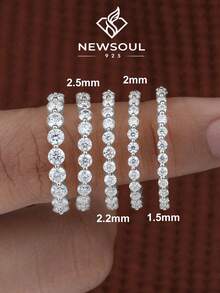1 pieza Anillo de boda de plata de ley 925 con corte redondo de 1.5-2mm, anillo de media eternidad, con diamantes engastados a la mitad, apilable - Plateado - Ver 2