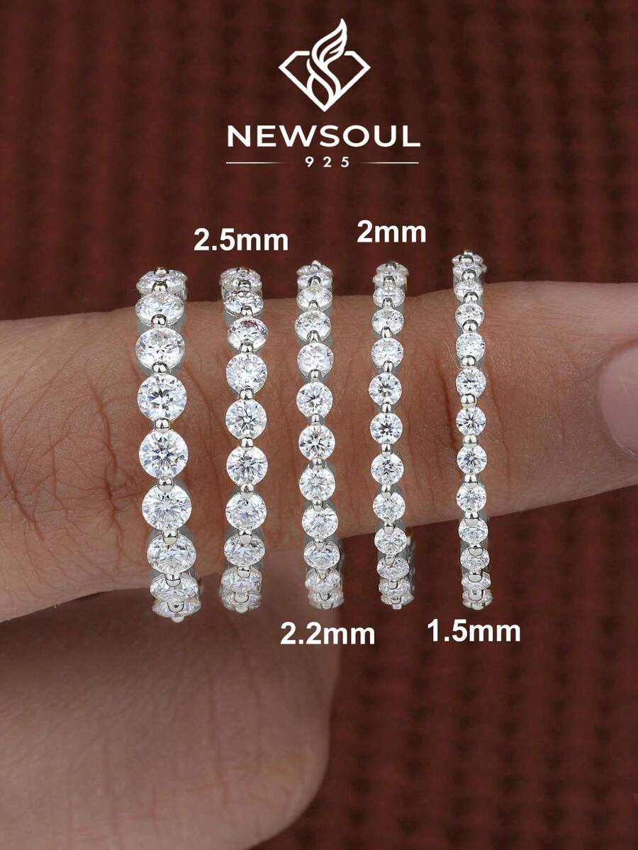 1 pieza Anillo de boda de plata de ley 925 con corte redondo de 1.5-2mm, anillo de media eternidad, con diamantes engastados a la mitad, apilable