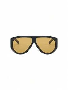 1pc Women's Fashion Oversized Aviator Frame Fashion Glasses, Minimalist European And American Style, Street Snap Hip-Hop Toad Glasses - Black Frame Tea Leaves - View 4