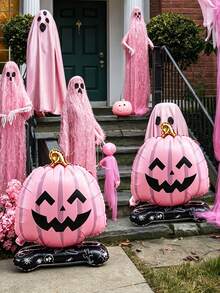 2pcs Halloween Theme Pumpkin Foil Balloons, Including Orange-Yellow And Pink Double-Sided Small Pumpkin Shaped Balloons, Suitable For Halloween, Pumpkin Party, Halloween Party Atmosphere Decoration, Halloween Funny Decoration, Holiday Atmosphere Photo Props, Indoor And Outdoor Photo Background Props, Trick Or Treat Party - Multicolor - View 5