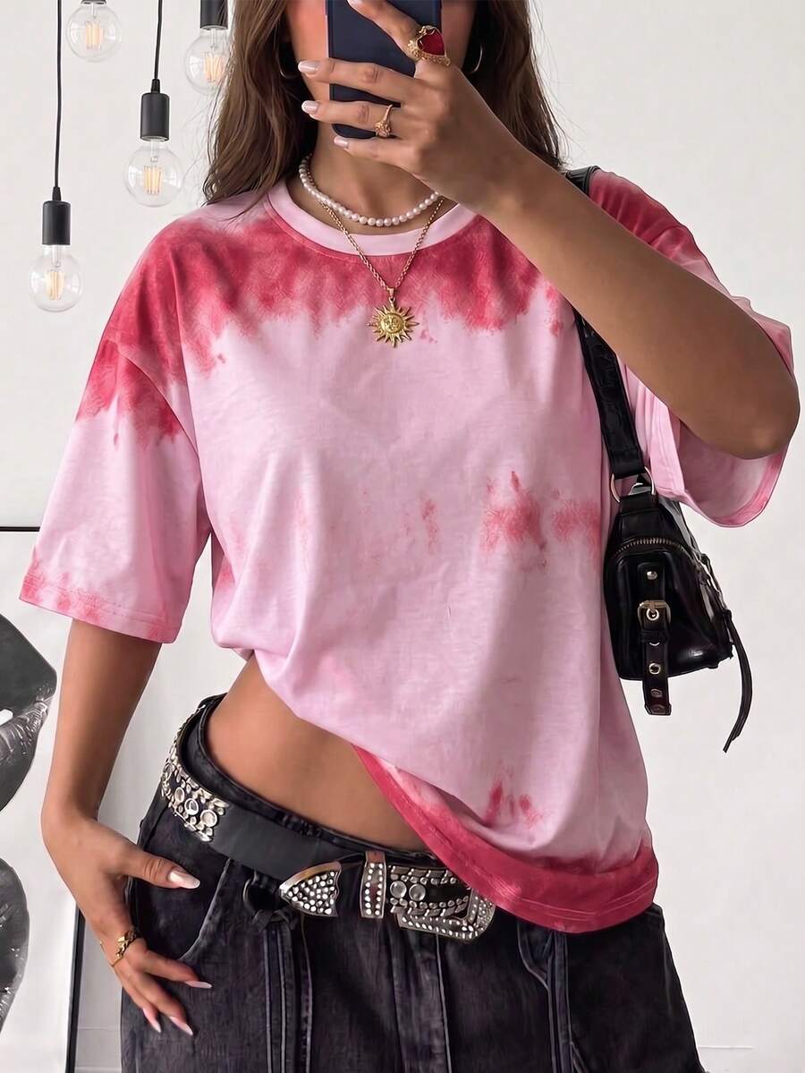 Women's Round Neck Short Sleeve Gradient Color T-Shirt Loose Fit Fashion Versatile Casual Summer New Top - Pink - View 1