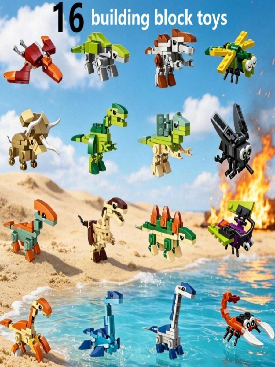 Youleli 16pcs Kids Cartoon Animal Building Blocks Puzzle Toy Set, Educational DIY Interlocking Blocks, Birthday Christmas Gift