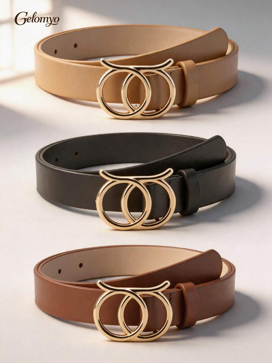 3Pcs Women's Belts, Casual Elegant Style, PU Leather, Handmade Luxury, All-Season Wearable Decorative Belts, Suitable For Jeans/Casual Pants/Formal Wear, Great Gift Choice