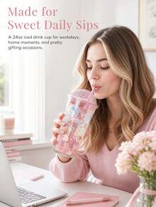 Cherry Blossom Water Cup, Glass Cup, Reusable Juice Cup, Iced Coffee Cup With Straw And Lid, Perfect Gift For Women, Friends, Sisters, Girlfriends, Ideal Gift For Mother's Day, Birthday And Party, Summer Hydration - Multicolor - View 5