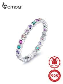 BAMOER 925 純銀彩虹鋯石可疊戴女款時尚閃耀 CZ 鑲鑽戒指珠寶禮物 - 銀色 - 查看 2