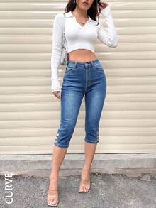 Women's Plus Size Elastic Waist Button Capri Length Jeans, Autumn Essential - Medium Wash - View 5