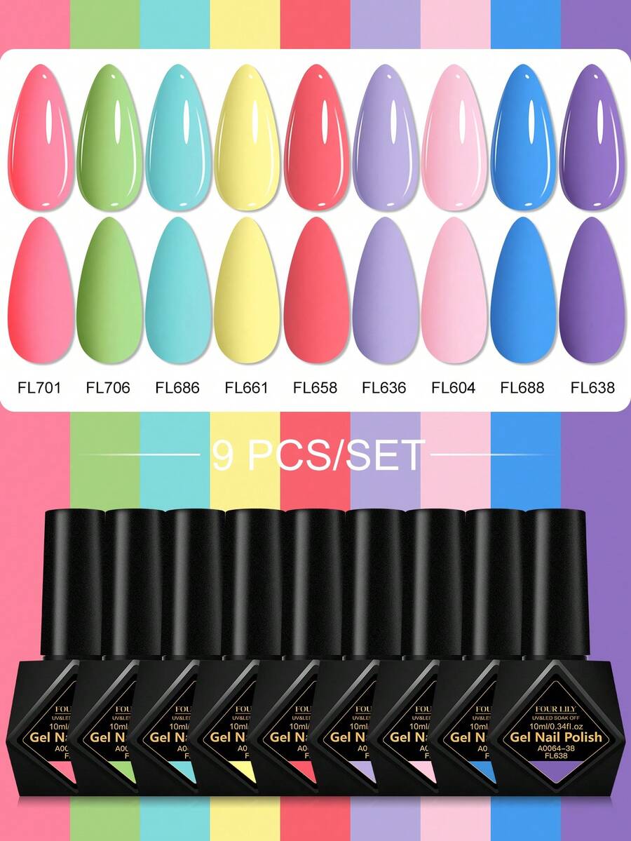 FOUR LILY 9件組 10ml 馬卡龍色凝膠指甲油，HEMA TPO 無添加半永久浸泡式 UV 凝膠指甲油，適合夏季美甲，持久、無鉛，DIY 指甲設計裝飾，指甲彩繪凝膠指甲油，適用於沙龍和居家美甲護理
