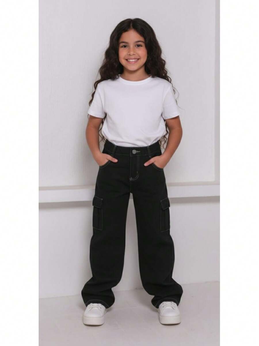 Wide Leg Youth Cargo Pants - Blanco y Negro - Ver 1