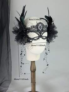 1 pièce Masque de mascarade gothique vintage en dentelle noire, décoré de détails de toile d'araignée et de plumes, convient pour une fête d'Halloween - Noir - Voir 6