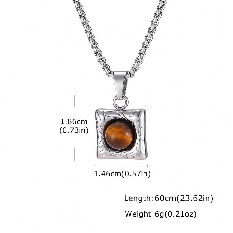 1pc Minimalist Vintage Stainless Steel Silver Tiger Eye Stone Black Agate Geometric Pendant Necklace, Men's Jewelry, Daily Wear - Silver - View 8