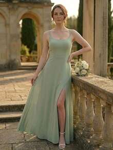 Volly Toych Solid Color Floor-Length Chiffon Spaghetti Straps Elegant Formal Bridesmaid Dress With Low Back - Mint Green - View 5