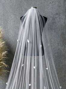 1 Peça Véu de Catedral Floral 3D Costurado à Mão, Camada Única Branca com Pente de Cabelo, Adequado para Casamentos Românticos, Acessórios de Fotografia de Casamento, Acessórios de Festa de Noivado - Multicolorido - Visão 5