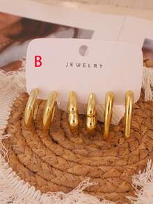 1-9 Pairs Stainless Steel Gold-Plated Multi-Style Earring Set, Smooth C-Hoop, Water Drop, Flower, Bamboo Joint, Star Metal Earrings - Gold - View 3
