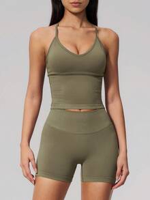 NcmRyu Setelan Olahraga Wanita Satu Set Warna Polos Model Y-Back dengan Gesper Logam yang Dapat Diatur, Tali Bahu Tipis, dan Pinggang Tinggi Bergaris - Olive Green - View 5
