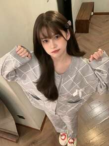 2pcs/Set Women's Pajamas Homewear, Open Front Round Neck Plaid Print With Two Pockets And Bow Decor, Long Sleeve Long Pants, Suitable For Spring, Autumn And Winter - Grey - View 3