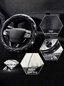 9pcs/4pcs Shiny Rhinestone Car Interior Accessories Set, Soft Leather Steering Wheel Cover, Gear Shift Cover, Handbrake Cover And Seat Belt Pad, Non-Slip Decorative Set, Suitable For Women, Universal For Sedan SUV Truck - Type a - View 7