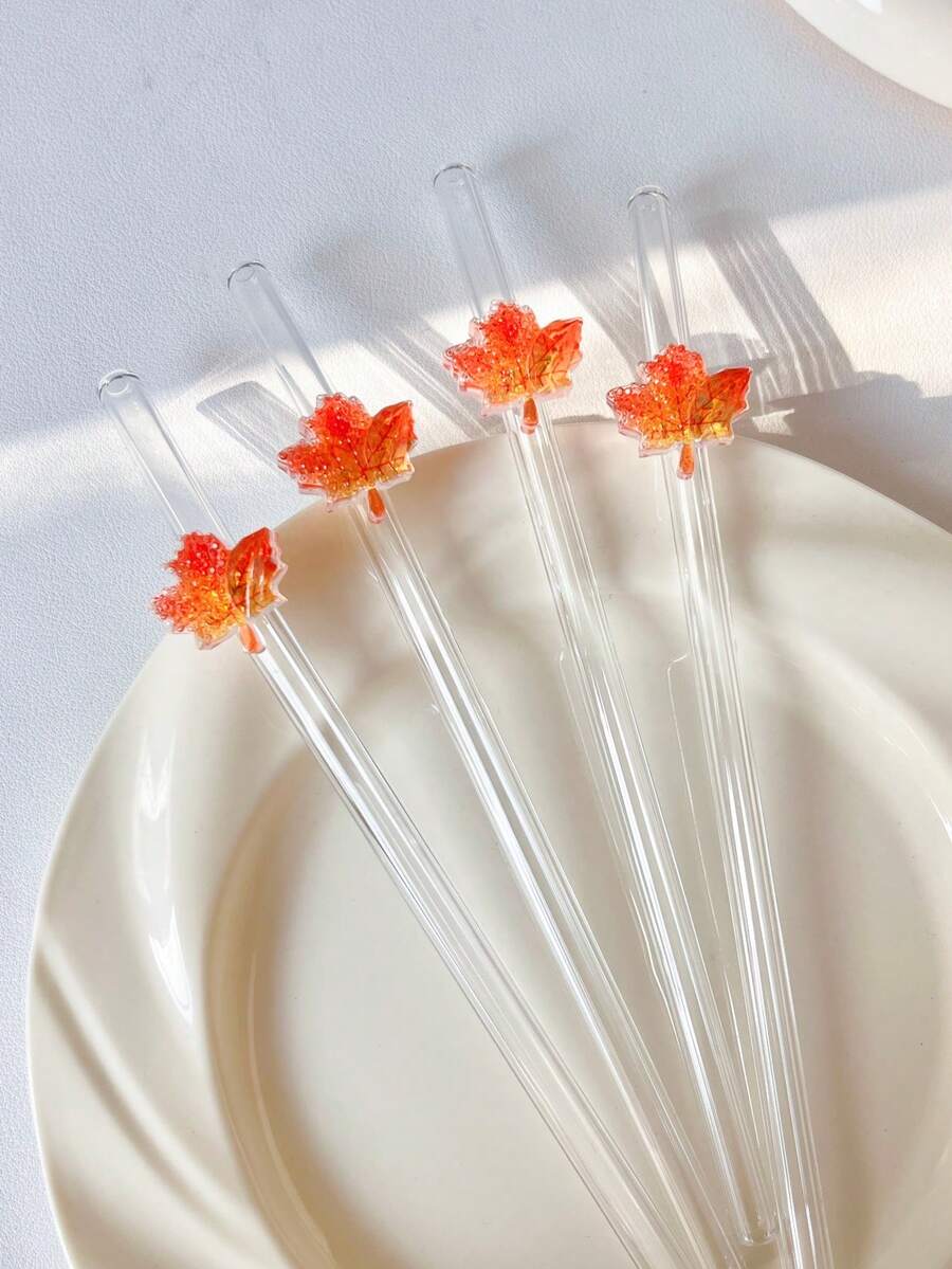 4/7PCS Maple Leaf Decor Curved Glass Straw, Chic Autumn Table Accent For Women's Gifting, Compatible With Afternoon Tea, Bubble Tea And Fruit Juice For Thanksgiving Family Reunion Layouts.