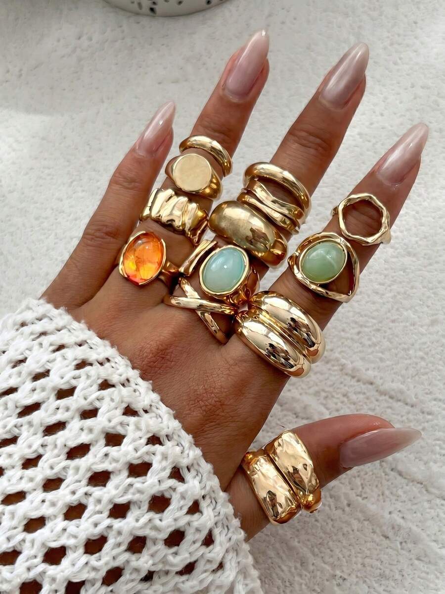 13pcs French Minimalist Rings Personalized Design Metal Style Vintage Ring Set Suitable For Party Gathering Gift For Friends And Family Daily Wear - Gold - View 1