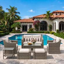 7/5/4/3 Piece Outdoor Wicker Patio Furniture Set, Rattan Modular Sectional Conversation Sofa With Glass Coffee Side Tables & Weather Resistant  Cushions, Outdoor Couch For Backyard Poolside Porch Garden Deck - 灰色 - 查看 1