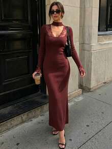 Gaun Rajut Bergaris Vertikal Warna Polos untuk Wanita, Gaun Maxi Lengan Panjang Bodycon Slim Fit Leher Semi Tinggi, Garis Leher Berongga Renda dengan Detail Rantai, Desain Patchwork, Cocok untuk Pakaian Kasual Sehari-hari, Bepergian, dan Aktivitas Luar Ruangan - Burgundy - View 6