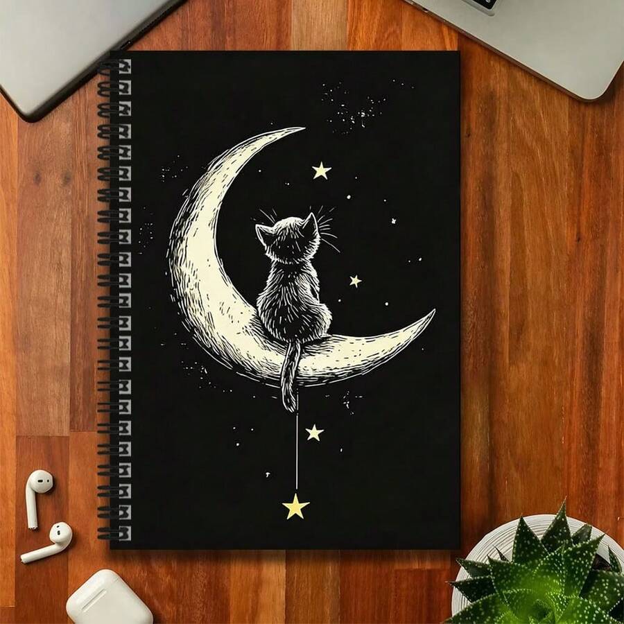 1 Caiet cu 50 foi/100 pagini, model cu pisică drăguță privind luna, legare cu spirală, copertă liniștită și visătoare, potrivit pentru înregistrări de lucru, inspirație, notițe de învățare, cadou de absolvire, surpriză de zi de naștere, jurnal zilnic, planificare, memorare, cadou pentru prieteni și familie, utilizare personală pentru momentele zilnice - O carte (50 de pagini, 100 de pagini) - Vizualizare 1