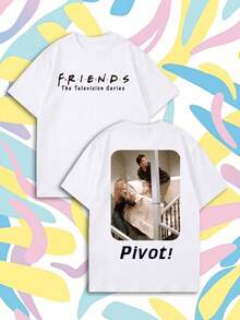 SHEIN X FRIENDS White Double Sided Friends Oversized Tee, Front Classic Logo Back Pivot Sofa Moving Scene Portrait Print Casual Summer - White - View 8