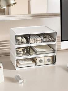 1 pieza Caja de almacenamiento de escritorio de plástico apilable de gran capacidad, rectangular minimalista de color blanco puro con cajón transparente, organizador de artículos de papelería para estudiantes, organizador de escritorio para la vuelta a la escuela - Blanco - Ver 4