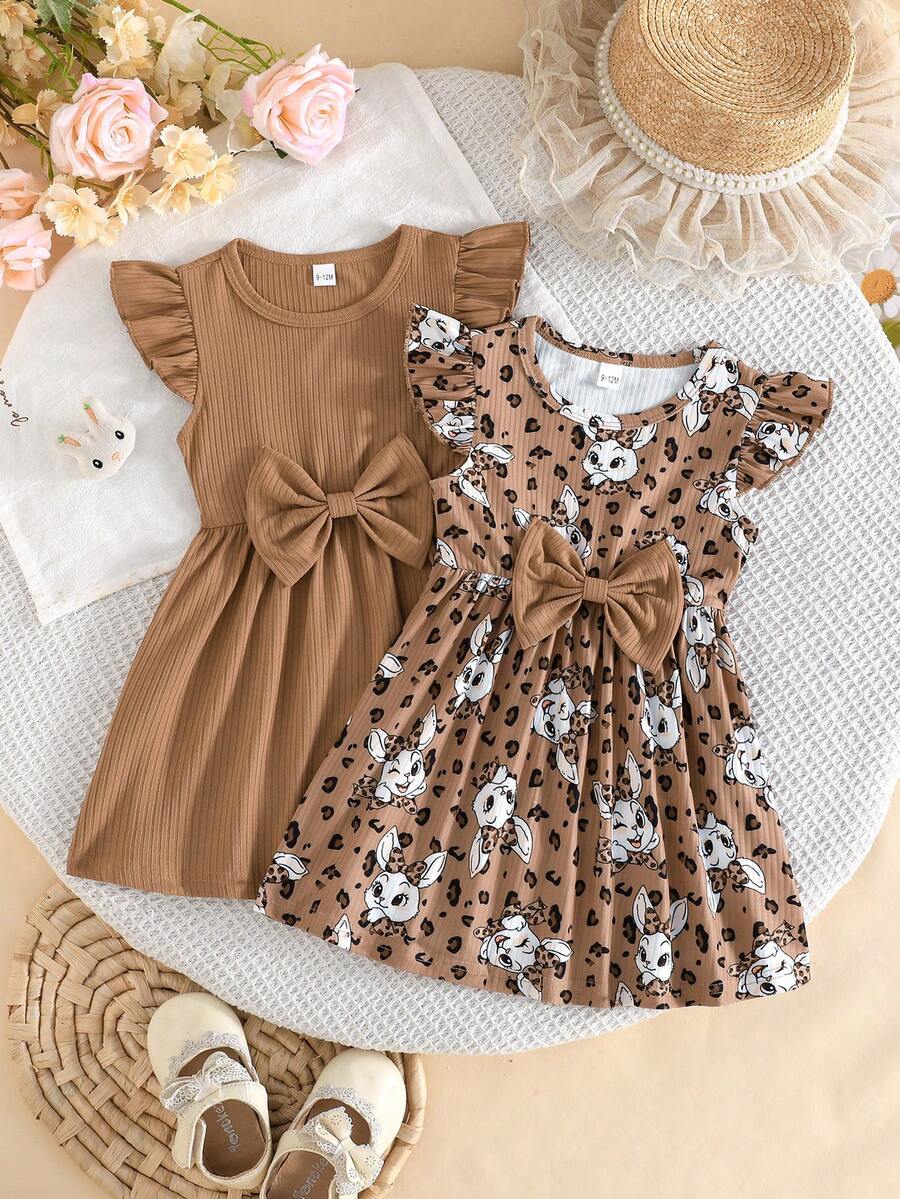 Conjunto de dos piezas para niños pequeños con cuello redondo, mangas de volantes, estampado de mariposas y ribete acanalado de unicolor – Simple, lindo y perfecto para primavera y verano.