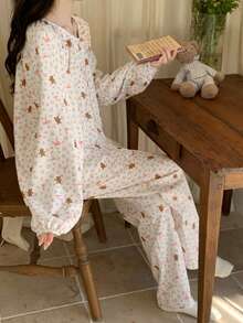 2pcs Women's Pajama Set, Cute Bear, Bow, Ditsy Floral Round Neck Button-Down Korean Style Long Sleeve Pants, Easy Care Fabric - Multicolor - View 7
