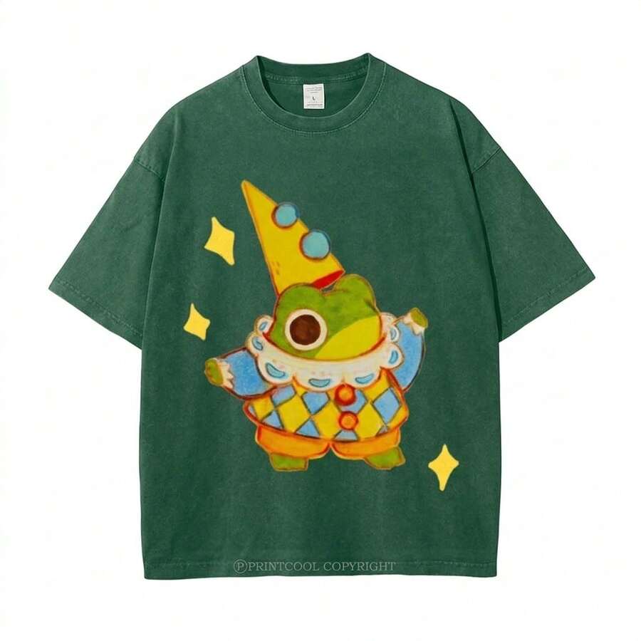 Summer Tops 100% Cotton, Funny Clown Frog Print T-Shirt, Suitable For Daily Wear, A Must-Have For The Beach, Cute Cartoon Pattern, Unisex, Perfect Gif - 竹綠 - 查看 1