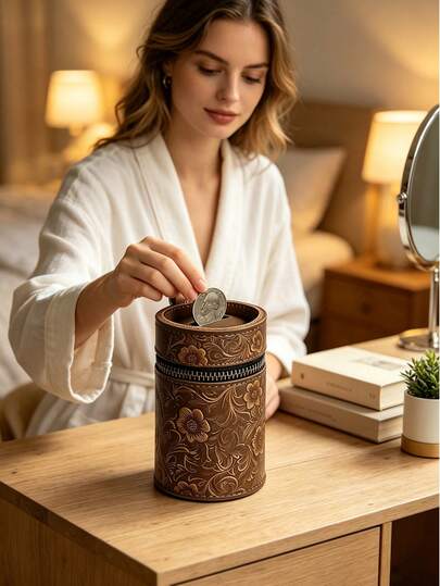 PU Material Handmade Tang Flower Pattern Piggy Bank, Vintage Round Barrel Coin Purse, Fashion Embossed Coin Storage Bag, Portable Waist-Hanging Piggy Bank, Fits In Car Cup Holder, Coin Purse, Coin Storage Box, Money Clip, Zipper Bag, Coffee Color, Unique