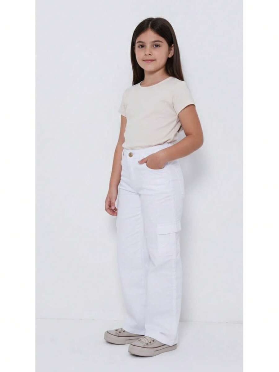 Wide Leg Youth Cargo Pants - White - View 1