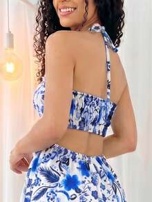 Women's Short Boho Dress With Halter Neckline, Open Back And A-Line Silhouette, Sleeveless, Knot Detail And Floral Print For Summer. - 藍色(新) - 查看 4
